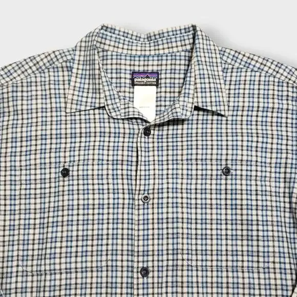 Patagonia‎ Mens Organic Cotton Knit Button Up Shirt Sz Med Blue Check Plaid - Picture 2 of 12